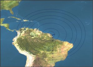 D’Haïti à Brasilia et du Pérou à l’Atlantique, les satellites SPOT 2, 4 et 5 effectuent entre 3 et 7 passages par jour.
Ci-dessous, le cercle de réception de l’antenne SEAS
Guyane en fonction de son angle d’orientation.