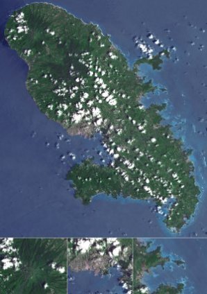 La Martinique. Ci dessous, de gauche à droite, la montagne Pelé, Fort-de-France, la Baie du Robert (18 décembre 2006).