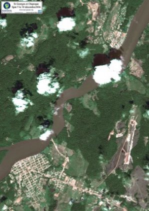 Le fleuve Oyapock, marque la frontière entre la France et le Brésil. Sur l’image, on distingue au nord la ville de Saint-Georges-de-l’Oyapock et au Sud, la ville brésilienne d’Oyapock. (SPOT 5 du 30 décembre 2006)
