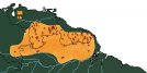 Carte de répartition du Coq-de-coche orange, oiseau endémique du plateau des Guyanes. Son seul cousin, le Coq-de-roche péruvien, est lui endémique des Andes.