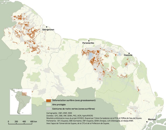 Déforestation due à l’exploitation aurifère  sur le Plateau des Guyanes (2018)