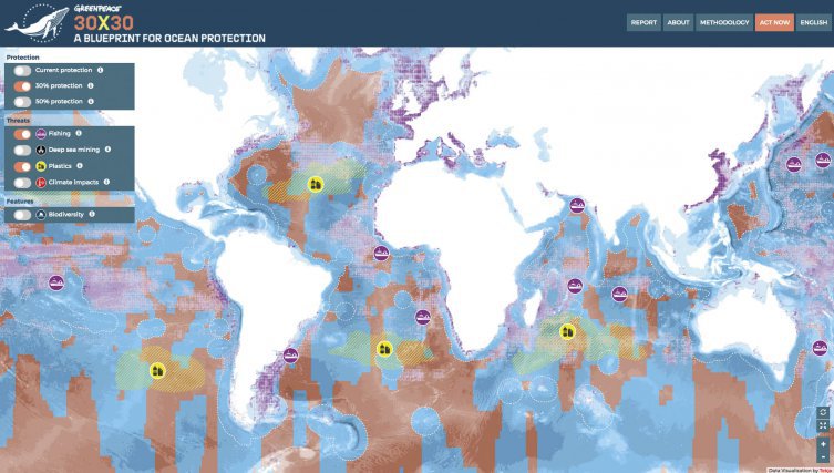 A quoi pourrait ressembler la protection de 30 % des océans ? Les zones orangées de cette carte représentent le réseau des réserves marines de ce scénario de protection élaboré par Greenpeace à partir de données biologiques, océanographiques, biogéographiques et socioéconomiques. Carte Greenpeace. Rapport 30X30. 