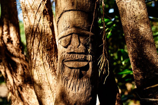 Goro, Nouvelle-Caledonie, mercredi 28 avril 2021. Un tronc d arbre sculpté a l image d un esprit gardien Kanak. Le lien sprituel à la nature est reconnu par la déclaration des Nations Unies sur les peuples autochtones. Photographie de THEO ROUBY / Hans Lucas.