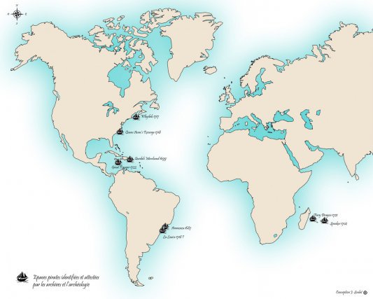  Carte de répartition des épaves pirates des XVIIe-XVIIIe siècles 
identifiées et fouillées dans le monde