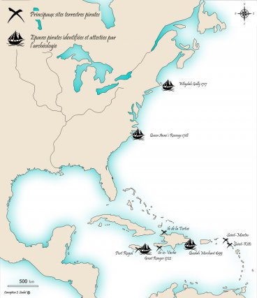 Carte de localisation des épaves pirates et des occupations pirates dans l’espace caribéen
