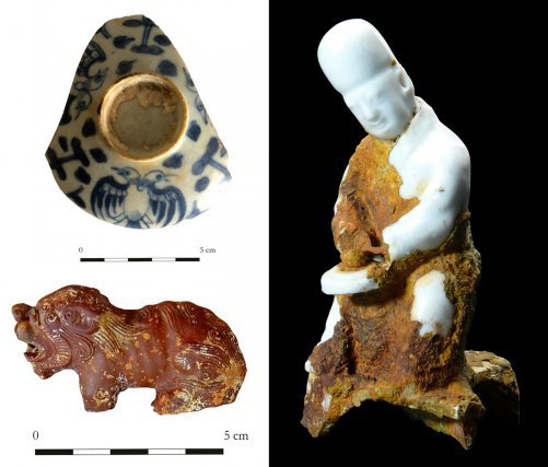 Bol en porcelaine chinoise, chien fu en terre cuite rouge et figurine en porcelaine chinoise de l’épave du supposé Fiery Dragon 1721, île Sainte-Marie, Madagascar 