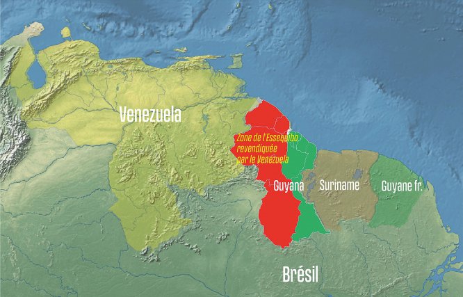 Le contesté de l’Essequibo, en rouge, dans la région du Plateau des Guyanes représente 70 % du Guyana. Carte Atelier Aymara