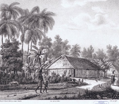 Gravure représentant une maison dans un village d’Africains esclavisés à Cayenne au XIXe siècle, 