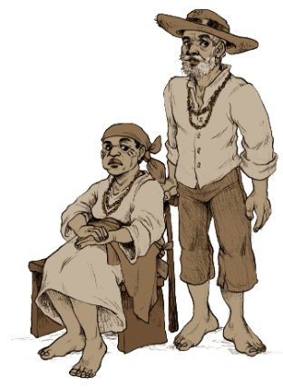 Représentation imaginée de William et Sophie Kanta, un couple de personnes africaines ayant vécu au village jusqu’à un âge avancé. .