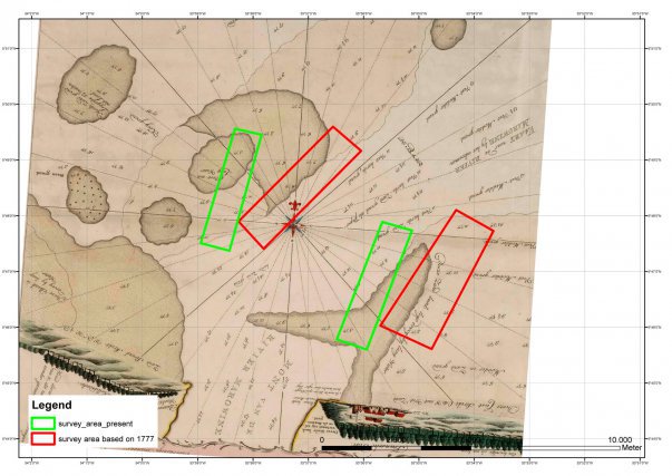 Zones de survey à prospecter en se basant sur la carte de 1777 (en vert les zones actuelles et en rouge les zones basées sur 1777).