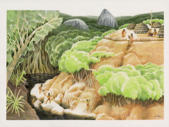 Représentation artistique d’un village précolombien dans le massif de Mitaraka. 