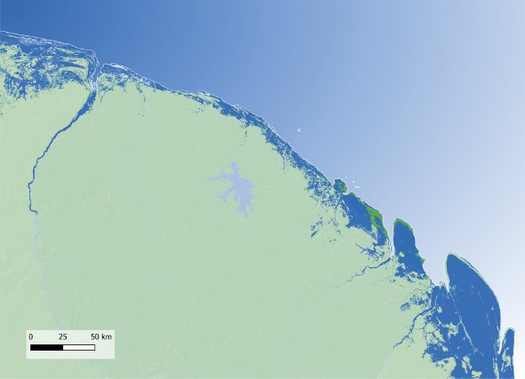 La zone côtière de Guyane au dernier haut niveau marin, il y a 125 000 ans. Les zones en bleu sombre sont ennoyées. (