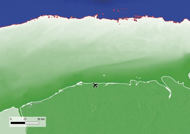 La zone côtière de Guyane au dernier bas niveau marin, il y a 40 000 ans. Les zones en vert sont hors d’eau. 