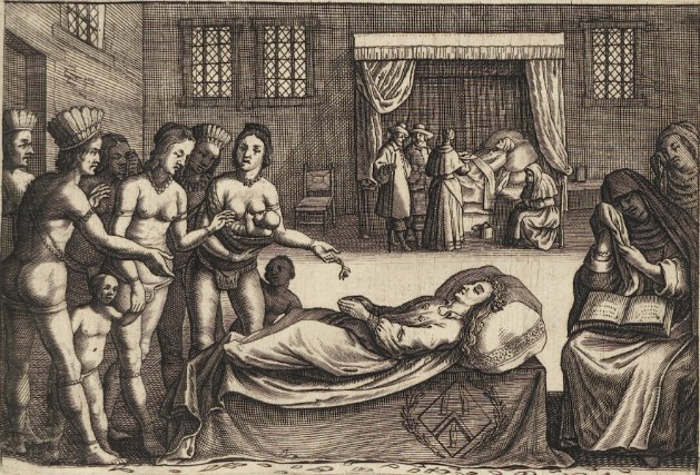 Gravure de Catharina Gerbier au ciel et dans son lit de mort entourée par des Amérindiens 