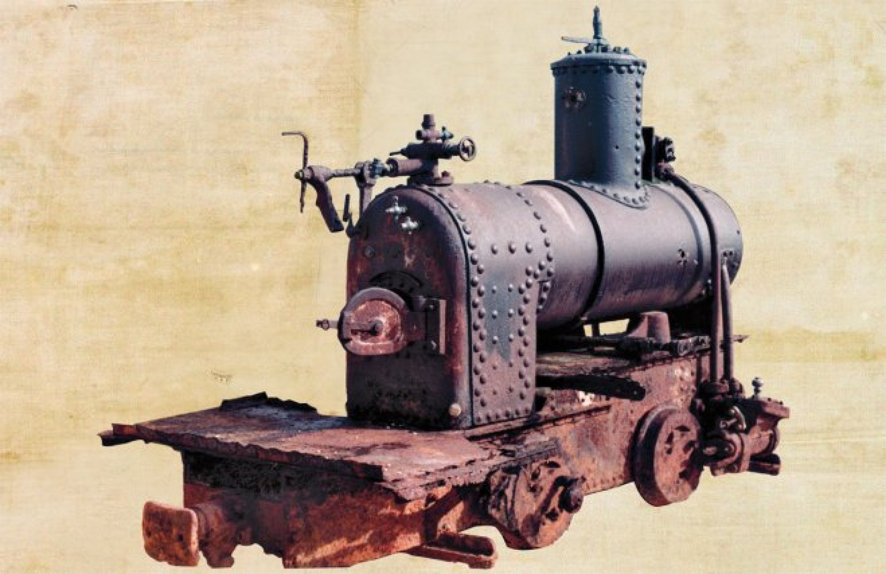 La machine à vapeur du chemin de fer de Saint-Élie, après son sauvetage lors de la mise en eau du barrage de Petit-Saut