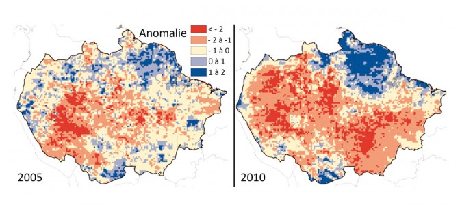 Assèchement de l’Amazonie en 2005 et en 2010. Les valeurs inférieures à -2 signalent des zones où la sécheresse a été très importante. Cartes tirées de Lewis et al. Science, 2011.
