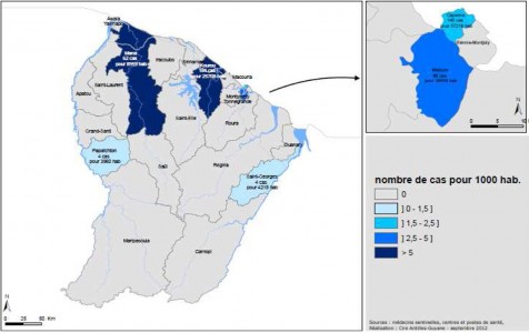 Répartition géographique des cas cliniquement évocateurs de dengue - Guyane semaines 2012-35 à S2012-38